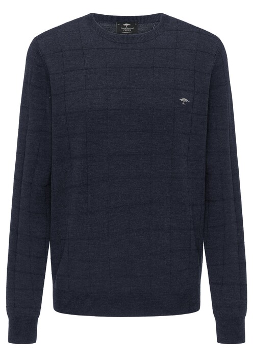 Fynch-Hatton O-Neck Checked Structure Merino Pullover Navy