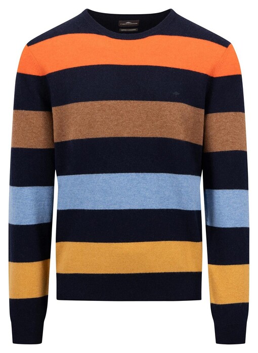 Fynch-Hatton O-Neck Merino Cashmere Blockstripe Pullover Navy