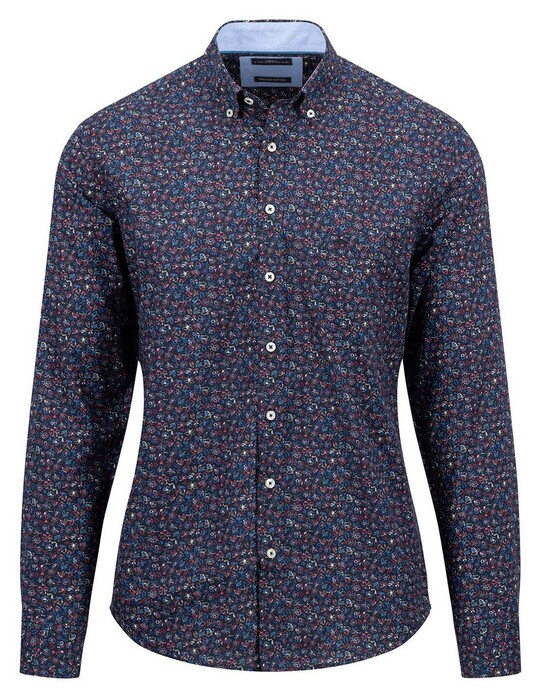 Fynch-Hatton Premium Allover Minimal Flower Pattern Overhemd Navy-Rood