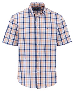 Fynch-Hatton Seersucker Combi Check Short Sleeve Button-Down Overhemd Sunny Orange-Blue