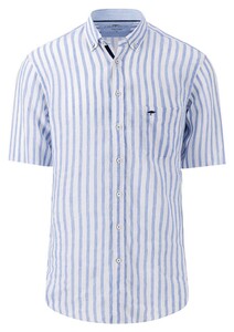 Fynch-Hatton Short Sleeve Button Down Linen Stripes Shirt Crystal Blue