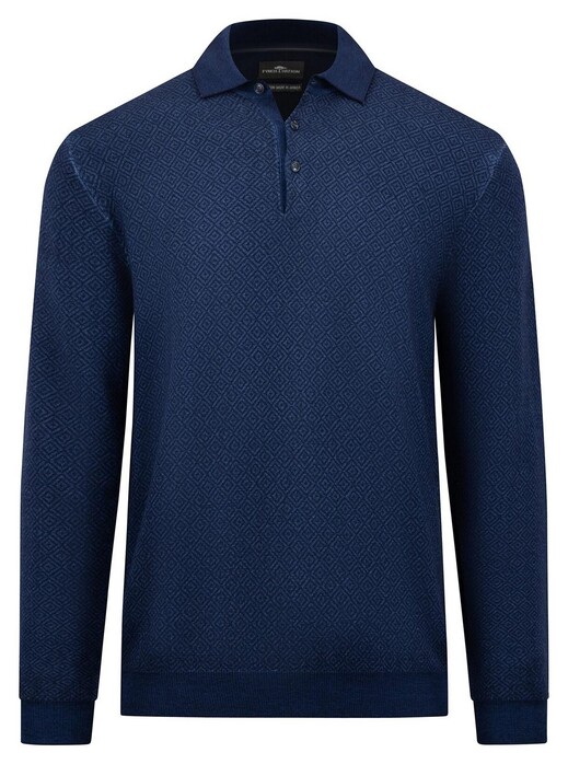 Fynch-Hatton Subtle Check Pattern Merino Wool Polo Collar Pullover Night