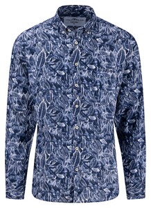 Fynch-Hatton Summer Linnen Allover Leaves Pattern Button-Down Overhemd Navy