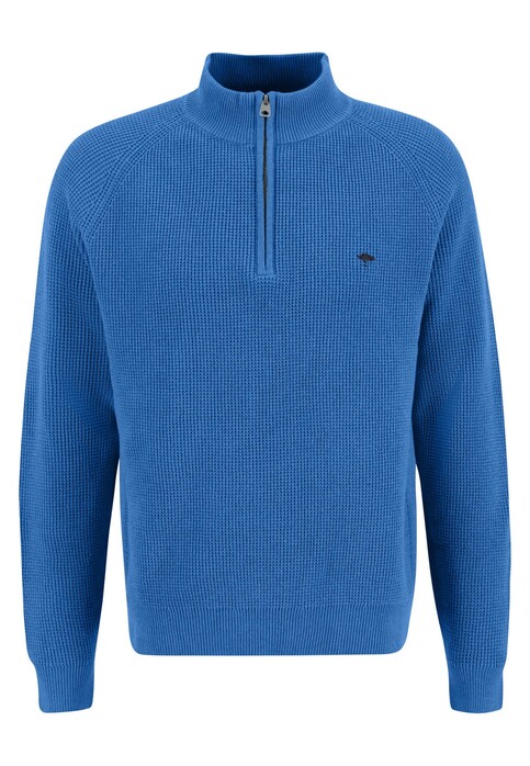 Fynch-Hatton Troyer Zip Uni Structure Knit Superfine Cotton Pullover Bright Ocean