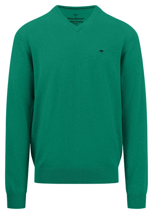 Fynch-Hatton Uni Color V-Neck Superfine Cotton Pullover Grass Green