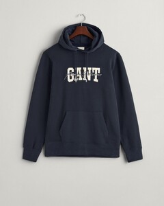Gant Arch Script Graphic Embroidery Hoodie Kangaroo Pocket Pullover Evening Blue