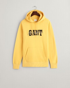 Gant Arch Script Graphic Embroidery Hoodie Kangaroo Pocket Pullover Smooth Yellow