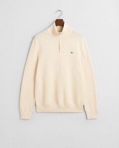 Gant Cotton Merino Uni Color Micro Textured Half Zip Trui Cream