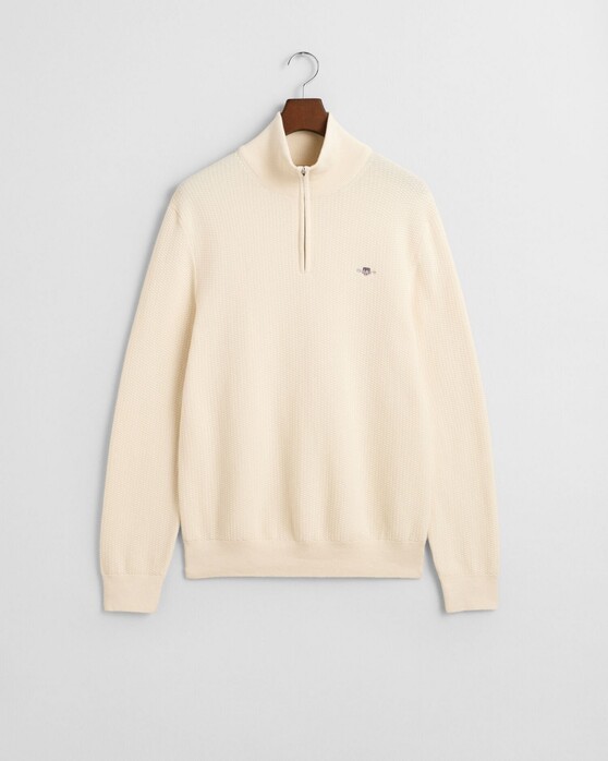 Gant Cotton Merino Uni Color Micro Textured Half Zip Trui Cream