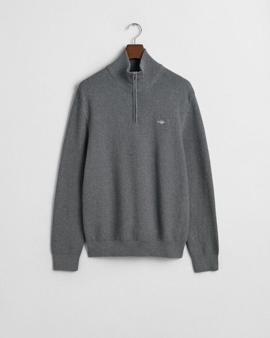 Gant Cotton Merino Uni Color Micro Textured Half Zip Trui Dark Grey Melange