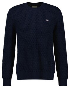 Gant Crew Neck Textured Cotton Pullover Evening Blue