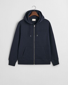 Gant Embossed Full Zip Hoodie Split Kangaroo Pocket Cardigan Evening Blue