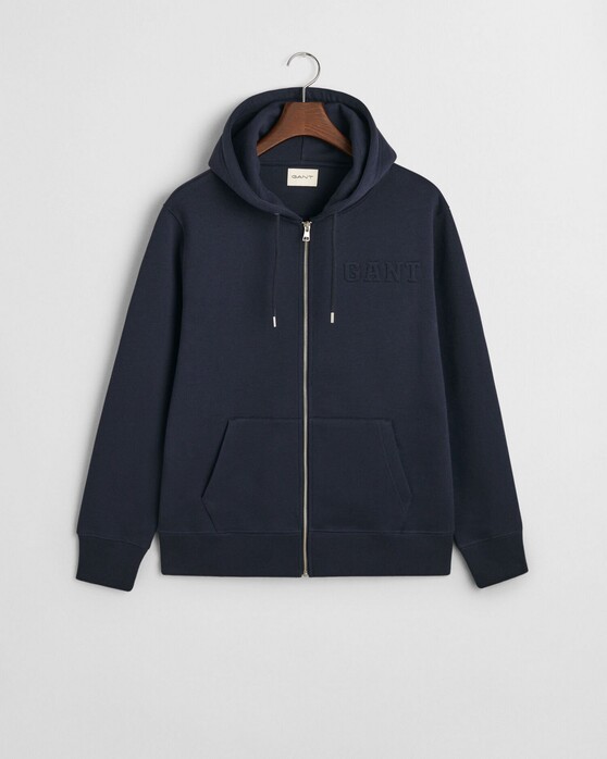 Gant Embossed Full Zip Hoodie Split Kangaroo Pocket Cardigan Evening Blue