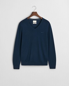 Gant Extrafine Merinowol V-Neck Tone-on-Tone Brand Embroidery Pullover Marine