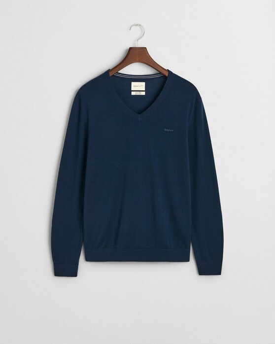 Gant Extrafine Merinowol V-Neck Tone-on-Tone Brand Embroidery Trui Marine