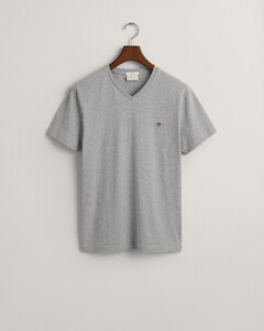 Gant Fine Shield Embroidery Uni V-Neck T-Shirt Grijs Melange