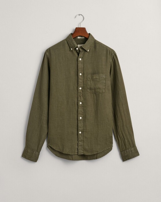 Gant Garment Dyed Solid Color Linen Button Down Shirt Juniper Green
