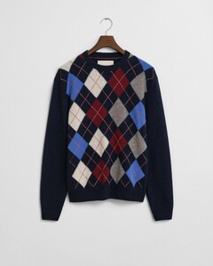 Gant Italian Wool Blend Argyle Crew Neck Trui Dark Navy Melange