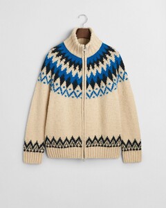 Gant Jacquard Knitted Retro Geometric Pattern Zip Cardigan Cream