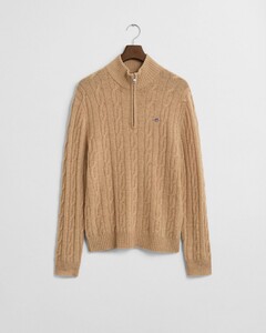 Gant Lambswool Cable Half Zip Pullover Khaki Melange