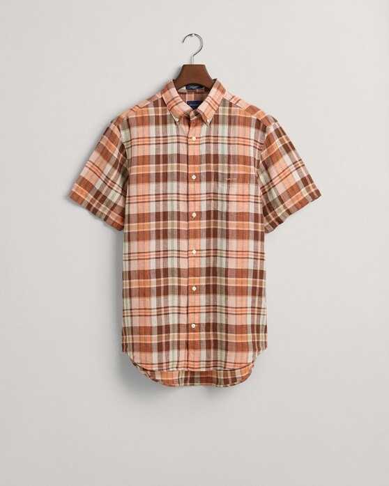 Gant Linen Madras Check Short Sleeve Button Down Shirt Apricot Orange