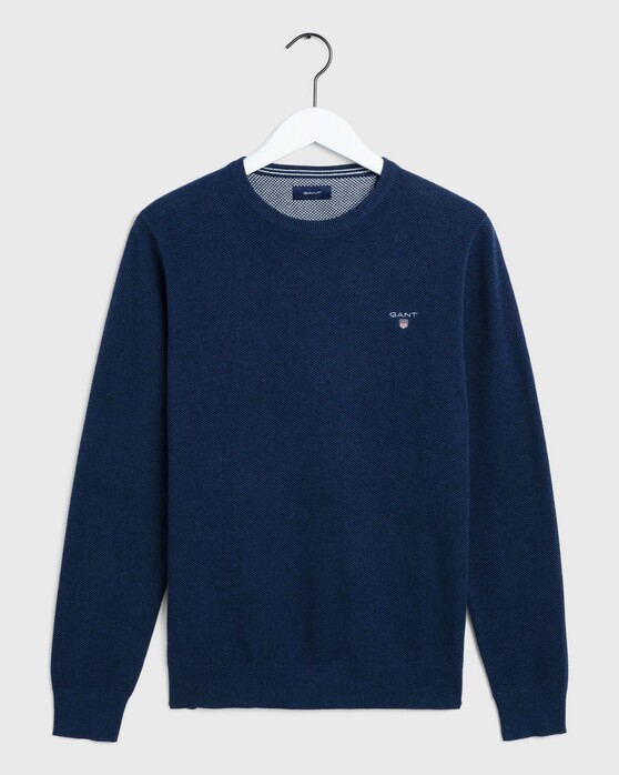 Gant Piqué Sweater Ronde Hals Pullover Blue Melange