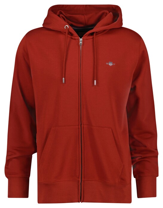 Gant Shield Logo Embroidery Full Zip Hoodie Kangaroo Pocket Cardigan Iron Red