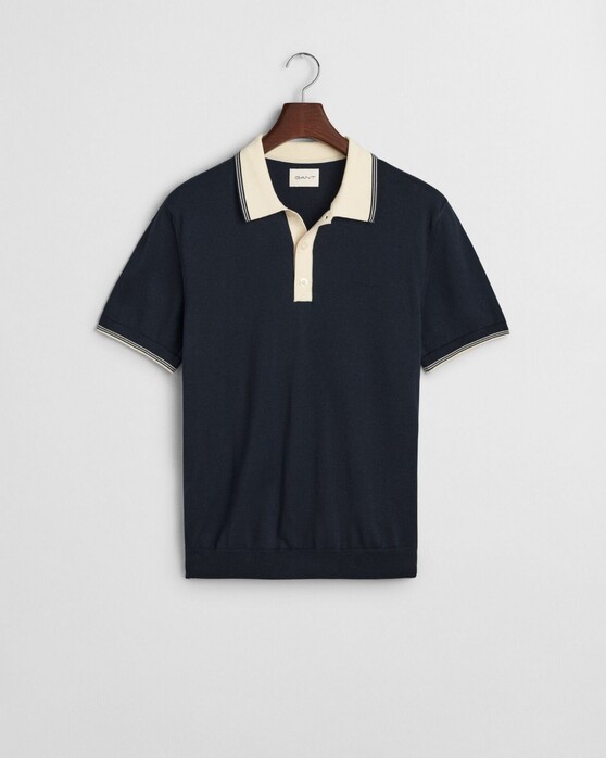 Gant Soft Cotton Modal Blend Contrast Collar Subtle Textured Knit Polo Avond Blauw