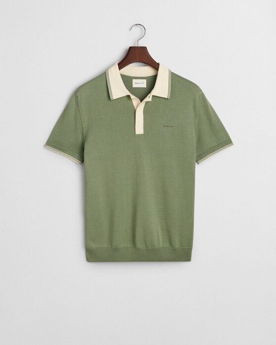 Gant Soft Cotton Modal Blend Contrast Collar Subtle Textured Knit Polo Kalamata Green