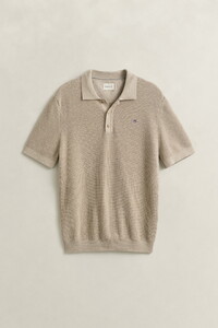 Gant Solid Color Micro Textured Cotton Short Sleeve Polo Pullover Oat Melange