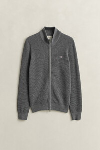 Gant Solid Color Micro Textured Cotton Zip Cardigan Dark Grey Melange