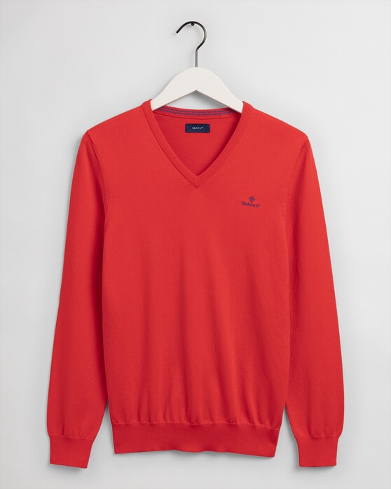 Gant Stretch Cotton Contrast V-Neck Pullover Lava Red