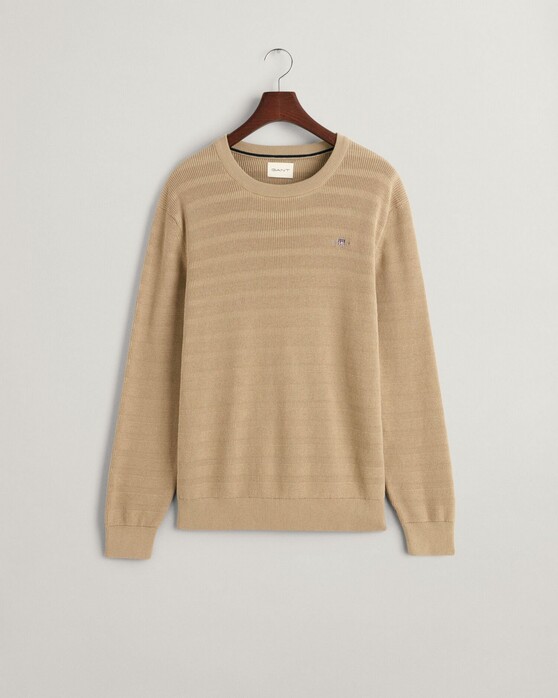 Gant Stripe Textured Cotton Crew Neck Pullover Dried Khaki