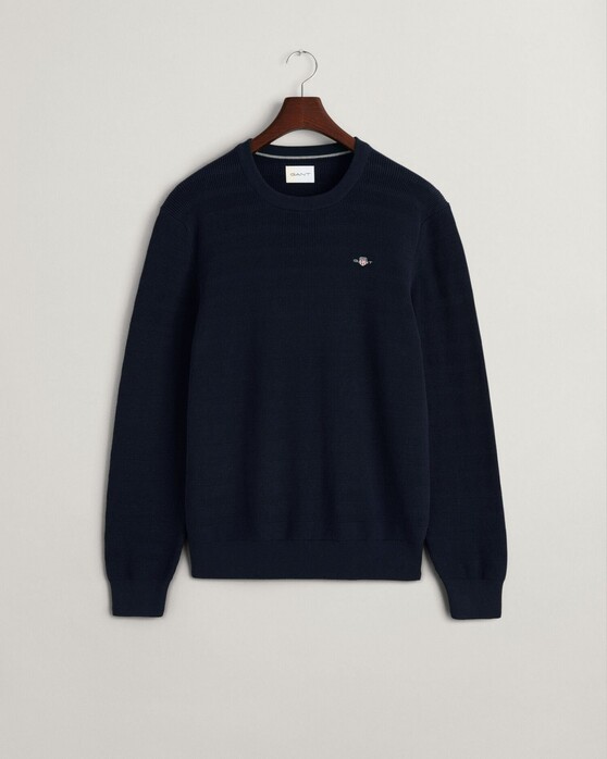 Gant Stripe Textured Cotton Crew Neck Pullover Evening Blue