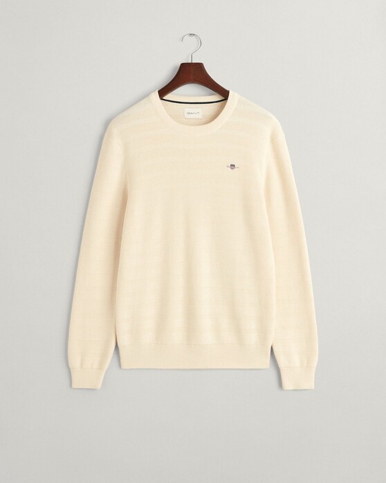 Gant Stripe Textured Cotton Crew Neck Trui Cream