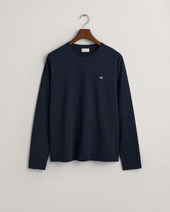 Gant Subtle Logo Embroidery Long Sleeve Round Neck T-Shirt Evening Blue