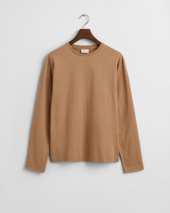 Gant Subtle Logo Embroidery Long Sleeve Round Neck T-Shirt Warm Khaki