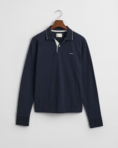 Gant Textured Collar Long Sleeve Uni Color Cotton Polo Avond Blauw