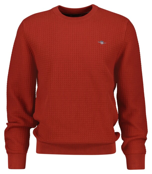 Gant Uni Color Subtle Check Pattern Knit Crew Neck Organic Cotton Pullover Iron Red