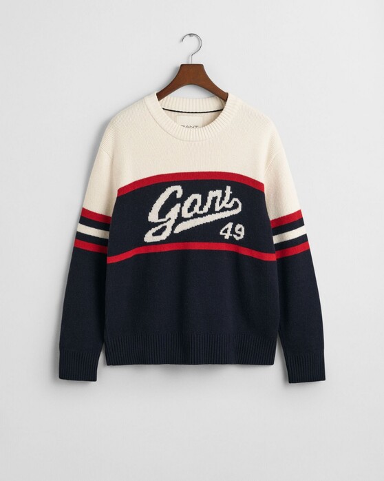 Gant Vintage-Inspired Jacquard Graphic Crew Neck Pullover Evening Blue