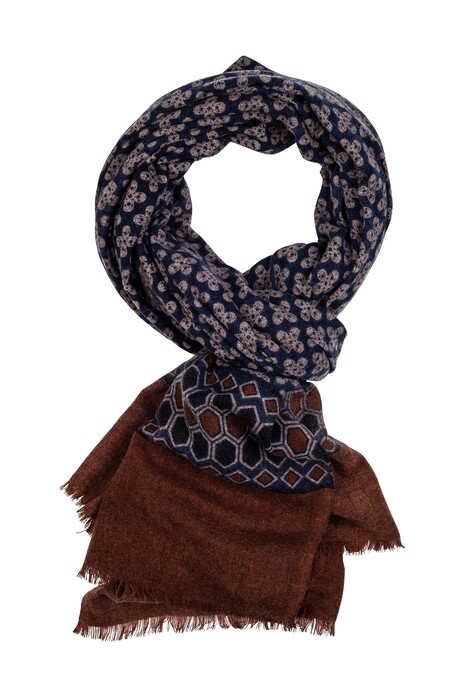 Giordano Fantasy Pattern With Border Wool Mix Scarf Navy-Brown-Sand