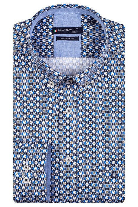 Giordano Multi Retro Pattern Ivy Button Down Cotton Satin Overhemd Blauw-Navy