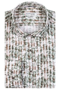 Giordano Row Cutaway Linen Cotton Blend Stripes Leaves Patern Shirt Green-White-Brown