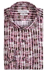 Giordano Row Cutaway Linen Cotton Blend Stripes Leaves Patern Shirt Pink-White-Brown
