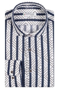 Giordano Row Cutaway Linnen Cotton Blend Stripes Geometric Fantasy Overhemd Wit-Navy