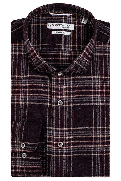 Giordano Row Semi Cutaway Fancy Check Cotton Linen Shirt Dark Red