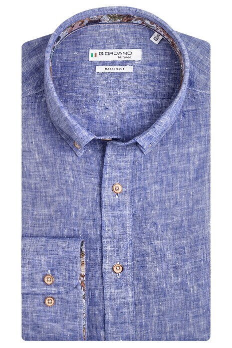 Giordano Sauro Button Down Short Sleeve Plain Linen Shirt Bright Blue
