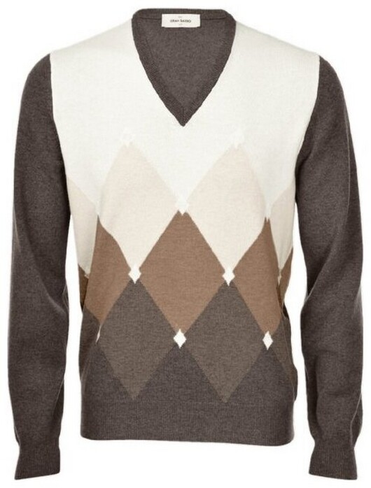 Gran Sasso Argyle Pattern Wool Blend V-Neck Pullover Brown-Beige-Off White