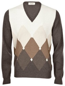 Gran Sasso Argyle Pattern Wool Blend V-Neck Trui Brown-Beige-Off White