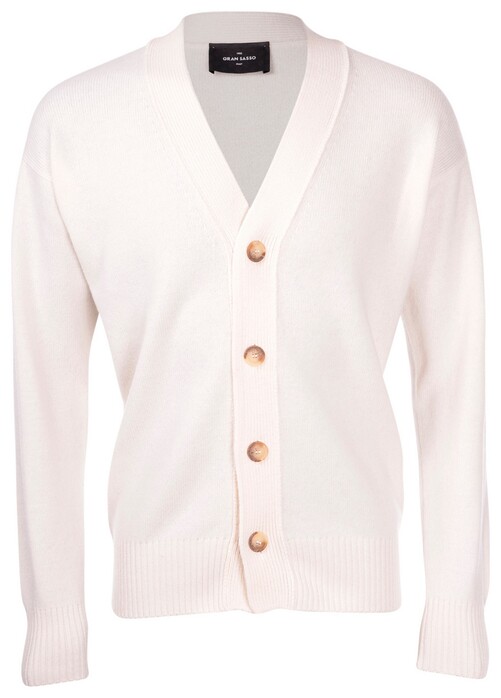 Gran Sasso Dropped Shoulder 4-Button Uni Color 2-Ply Super Geelong Wool Cardigan White